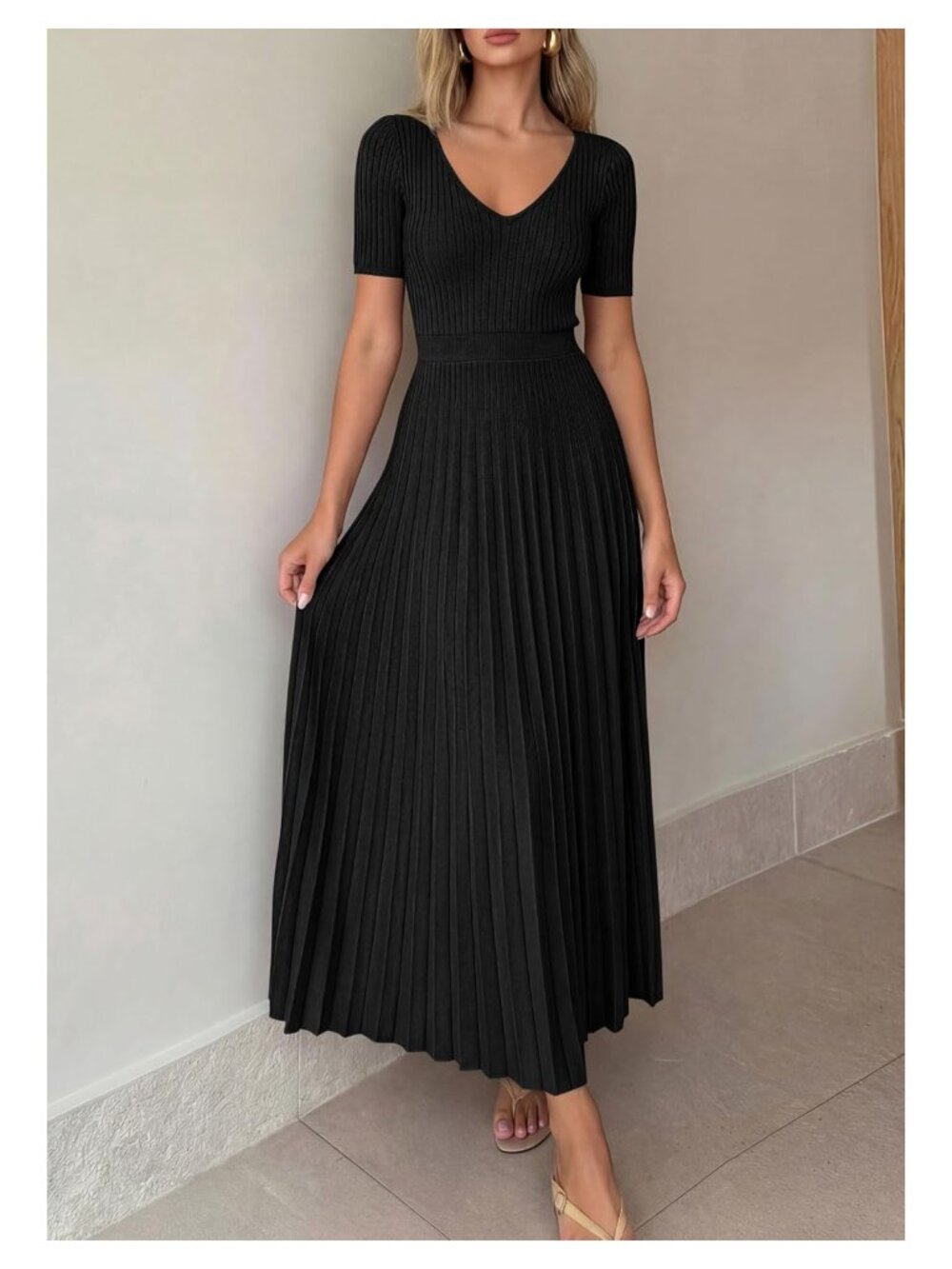 Women's V-Neck Pleated Midi Sweater Dress Short Sleeve Knit A-Line - Picture 2 of 7